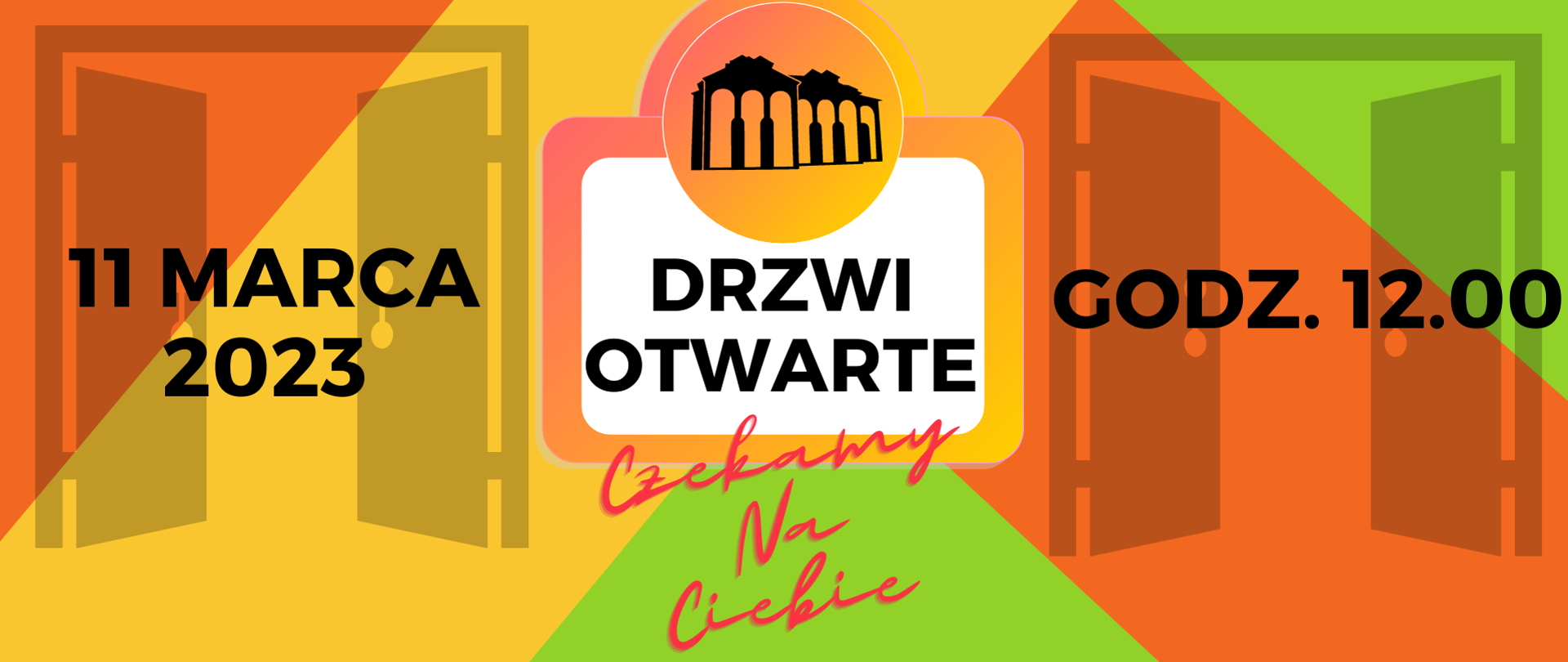 Plakat przedstawia informacje o dniach otwartych Na środku jest logo szkoły w pomarańczowym okręgu, a po bokach ikona otwartych drzwi. Całość jest na kolorowym tle - poprzeczne pasy żółte, zielone i pomarańczowe. Na górze jest pełna nazwa szkoły, a na dole niebieski pasek z mediami społecznościowymi oraz informacjami teleadresowym