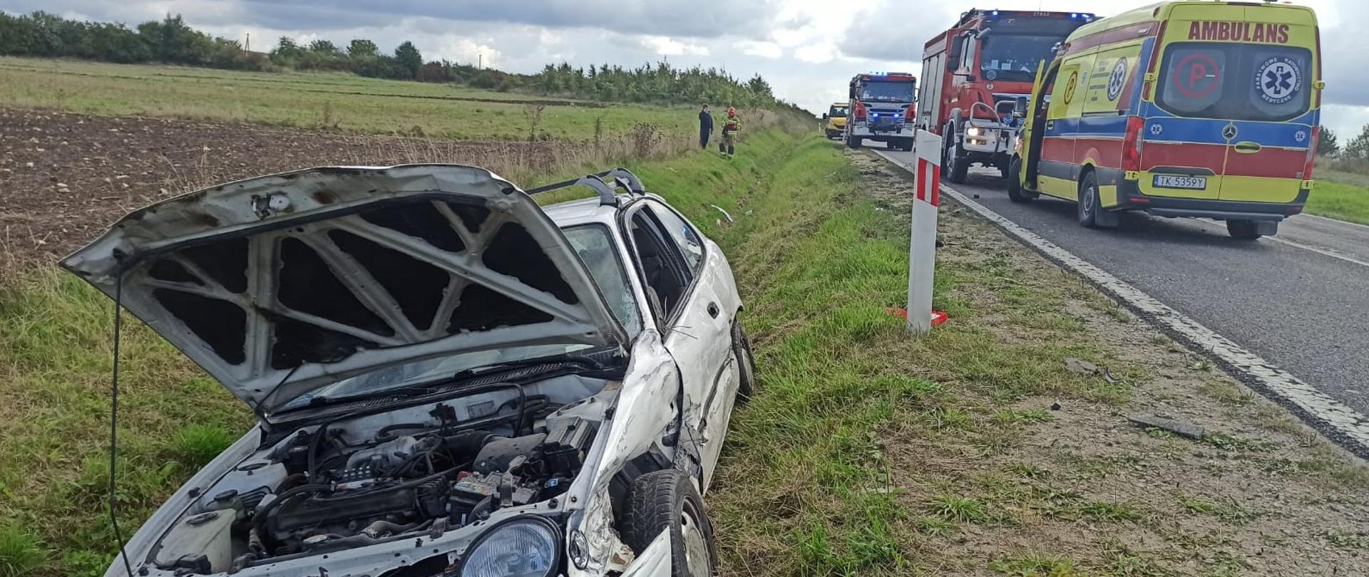 Na zdjęciu po lewej stronie widać uszkodzony samochód znajdujący się w rowie. Po prawej stronie na drodze wojewódzkiej widać karetkę pogotowia oraz dwa pojazdy straży pożarnej. 