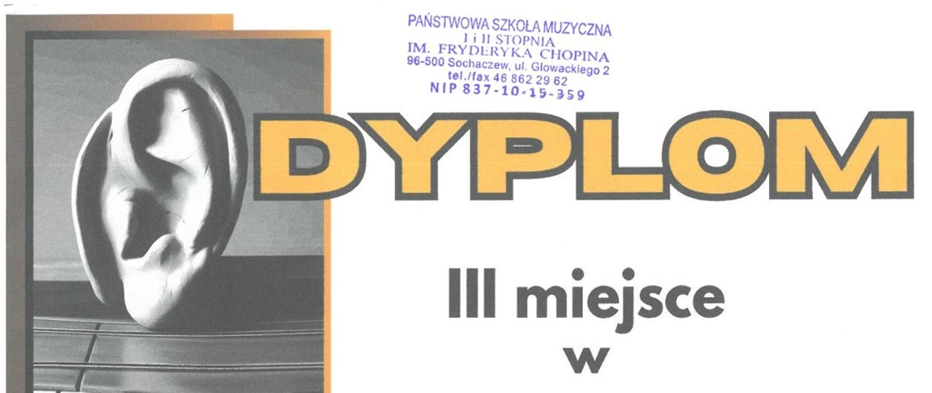 Dyplom trzeciego miejsca dla Amelii Mleczko w pierwszym Ogólnopolskim Konkursie z Kształcenia Słuchu zatytułowany Słuchogramy w Sochaczewie dnia piątego kwietnia dwa tysiące dwudziestego piątego roku.