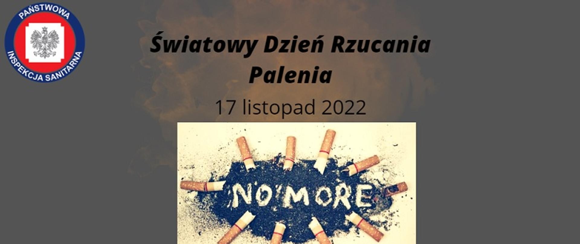 Grafika przedstawia niedopałki papierosów, popiół i napis "No more"