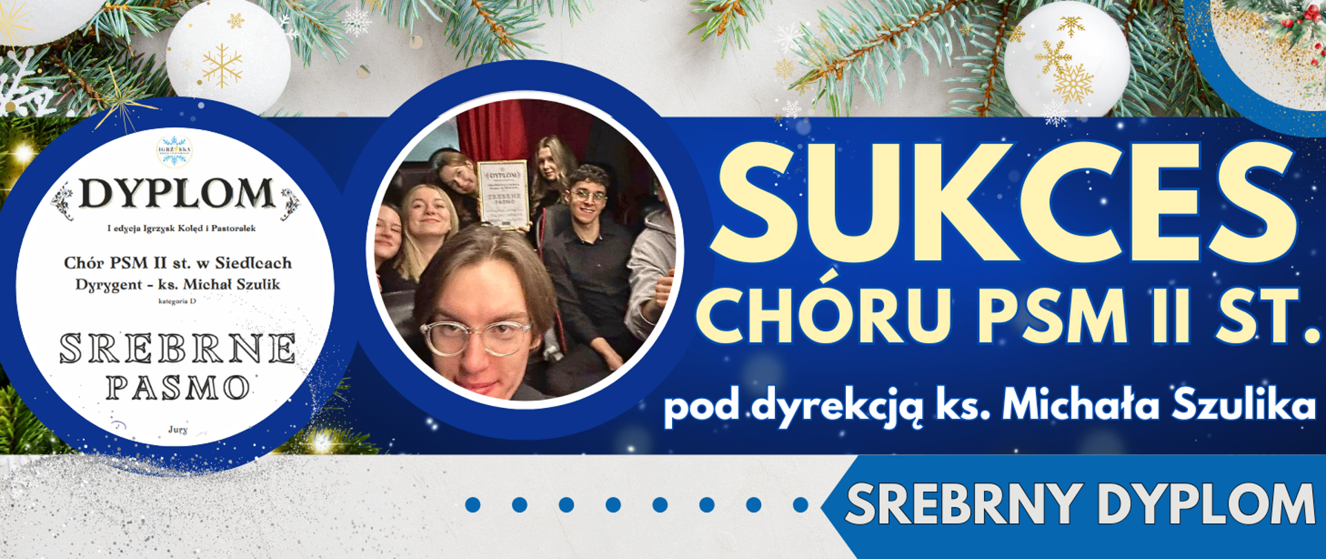 baner w tle świąteczne ozdoby, po lewej 2 koła w których jest dyplom i zdjęcie ludzi trzymających dyplom oraz informacja o sukcesie