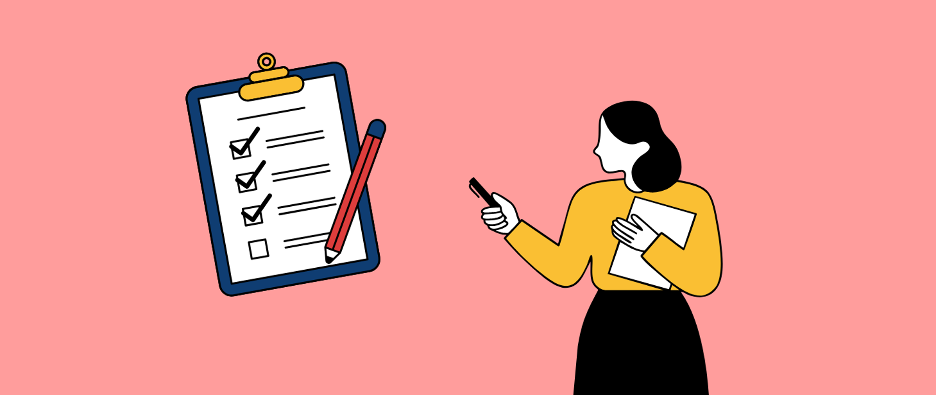 Grafika przedstawia postać kobiety przedstawiającą listę zadań z długopisem.