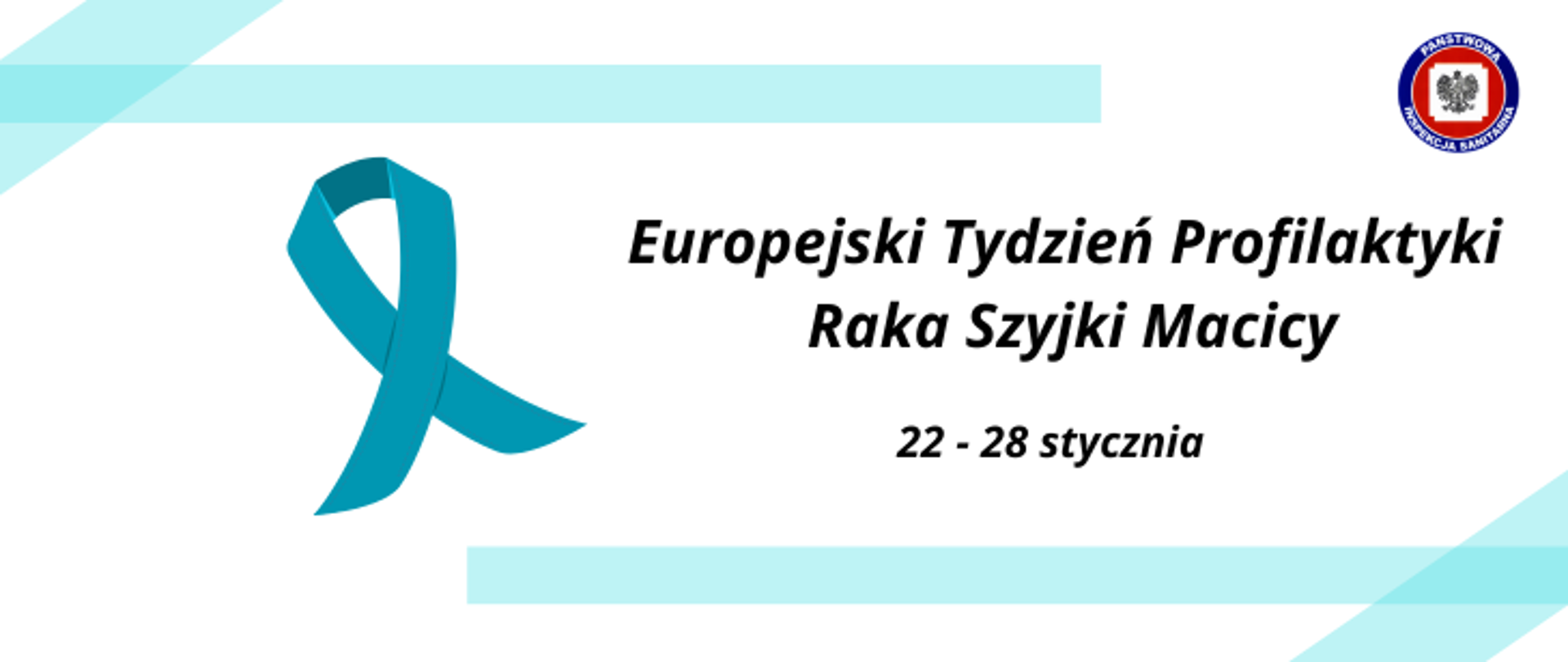Grafika przedstawia niebieską wstążkę symbolizująca walkę z rakiem, oraz Czarny napis na białym tle "Europejski Tydzień Profilaktyki Raka Szyjki Macicy"