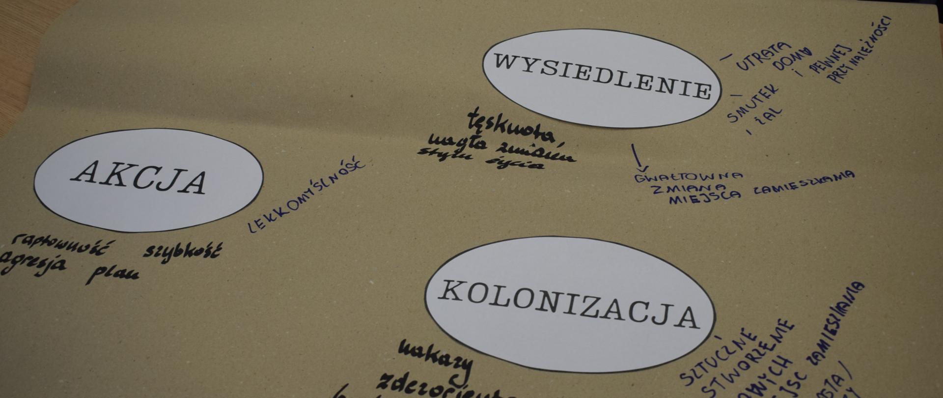 Na szarym arkuszu mapę myśli dotyczącą wysiedlenia z terenów Zamojszczyzny przeprowadzanych w latach 1942 - 1943. Różne wpisy wokół trzech pól: "Akcja", "Wysiedlenie" "Kolonizacja".