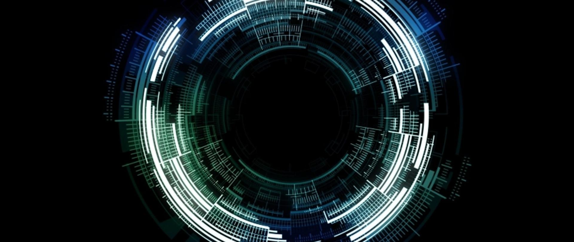 Cyfrowa grafika z geometrycznym wzorem i promieniującymi liniami w odcieniach niebieskiego i zieleni.