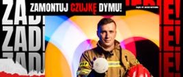 plakat ze strażakiem trzymającym czujke dymu