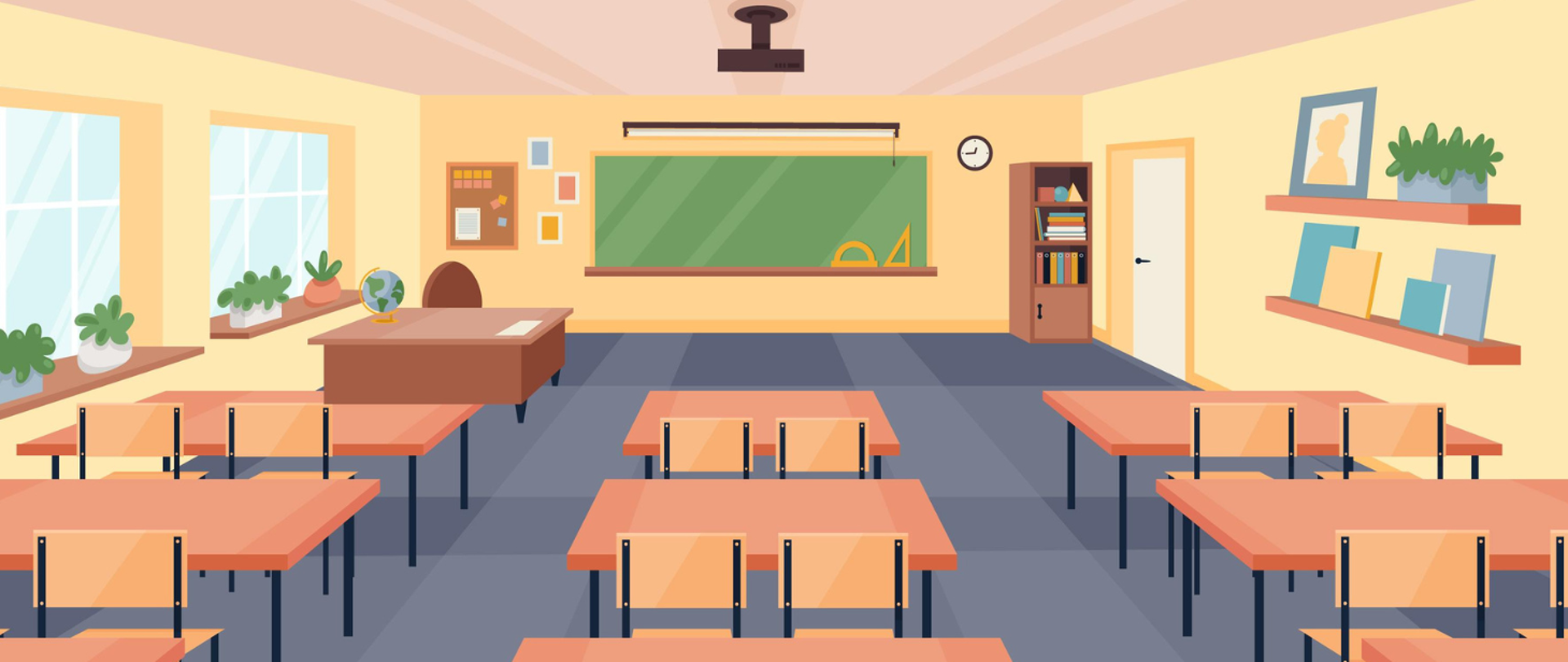 Grafika przedstawia pustą salę lekcyjną.