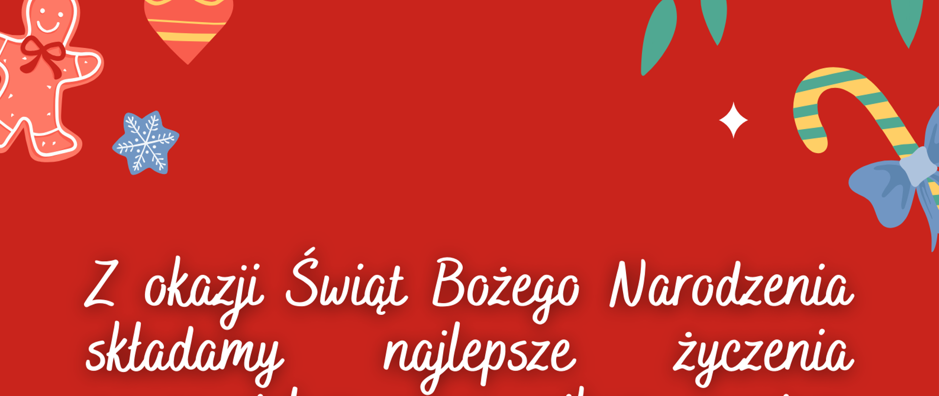 Na czerwonym tle z elementami świątecznymi- prezenty, bombki i inne ozdoby świateczne życzenia od dyrekcji dla pracowników, uczniów i nauczycieli