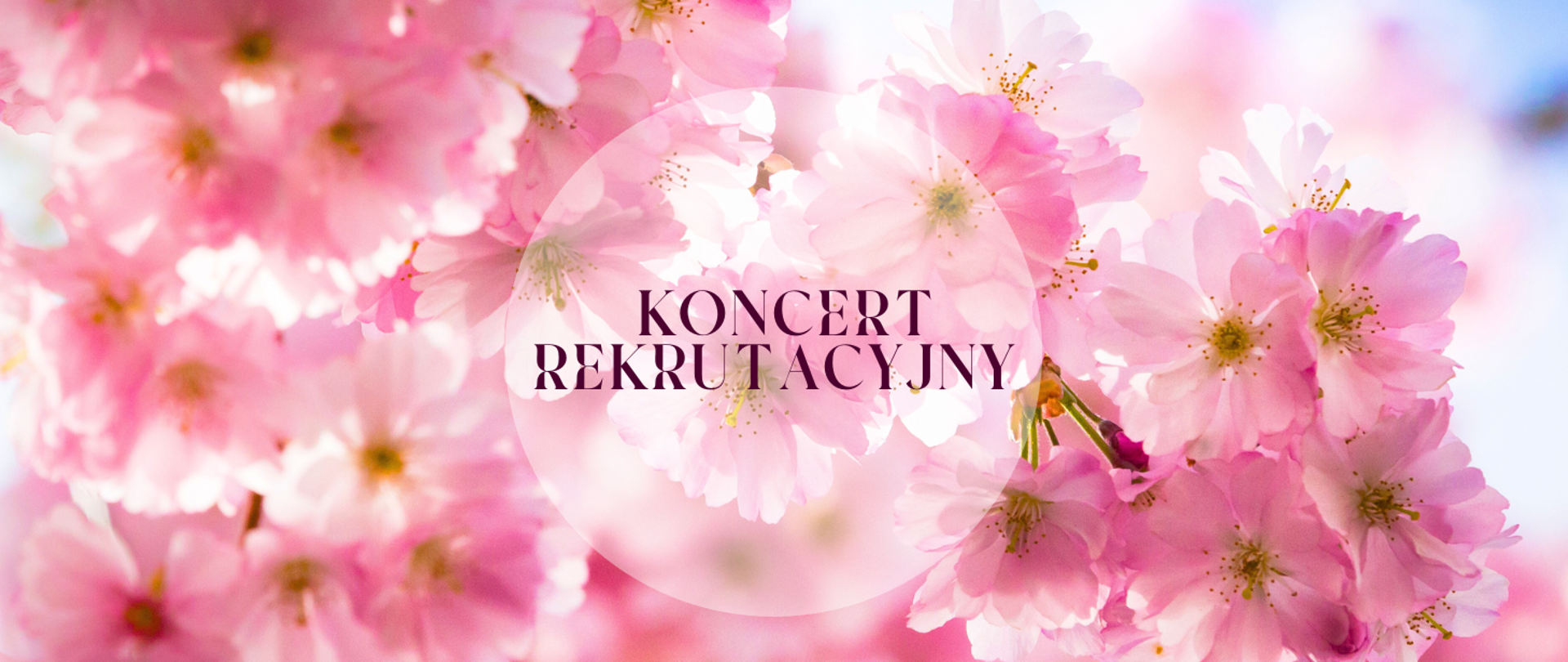 Tło obrazka to różowe kwiatki. W centralnej części kółko, a w nim fioletowy napis "koncert rekrutacyjny".