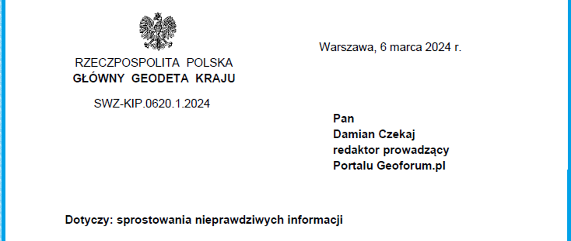 Zdjęcie pisma wystosowanego do portalu Geoforum.