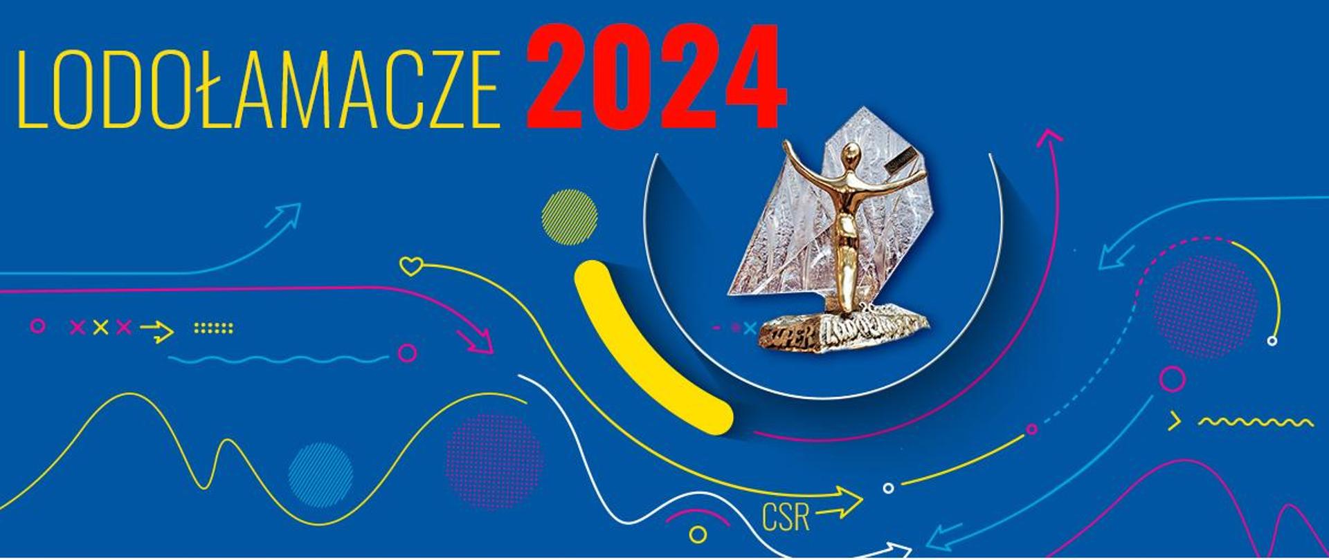 grafika niebieska, na niej statuetka przedstawiająca człowieka z otwartymi ramionami i napis lodołamacze 2024