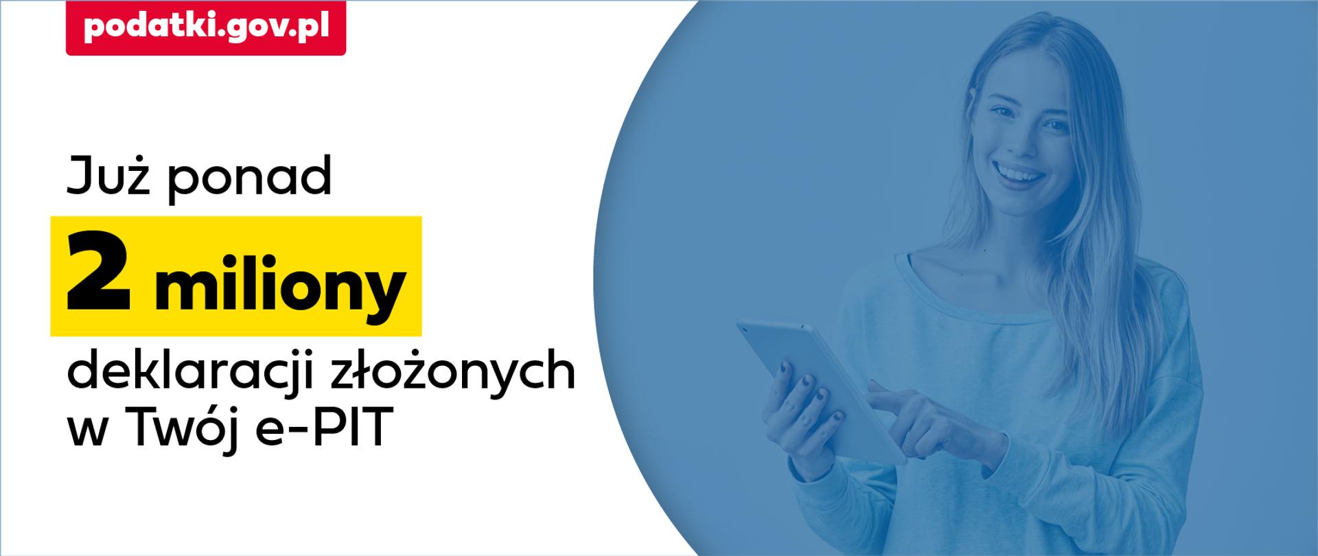 Po lewej stronie napis Już ponad 2 miliony deklaracji złożonych w Twój e-PIT a po prawej uśmiechnięta młoda kobieta.