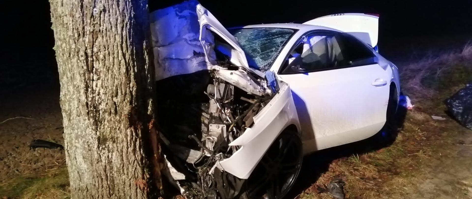 Rozbity przód białego samochodu na drzewie