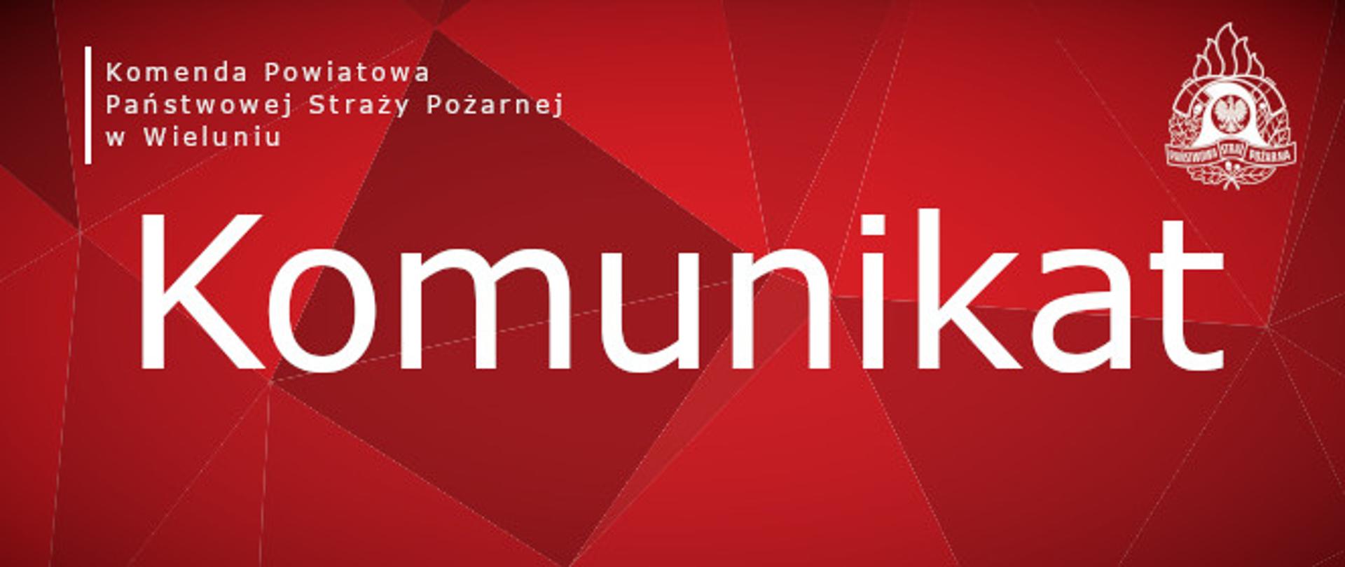 Zdjęcie przedstawia na czerwonym tle po lewej napis komenda powiatowa państwowej straży pożarnej w wieluniu, po prawej logo psp a na środku napis komunikat 