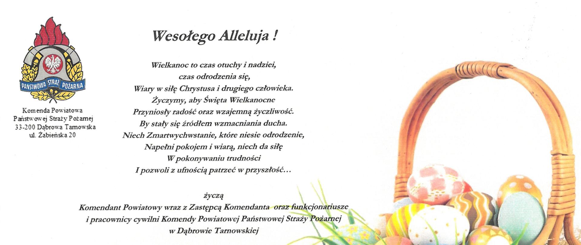 Na zdjeciu koszyczek z jajkami i tekst życzeń