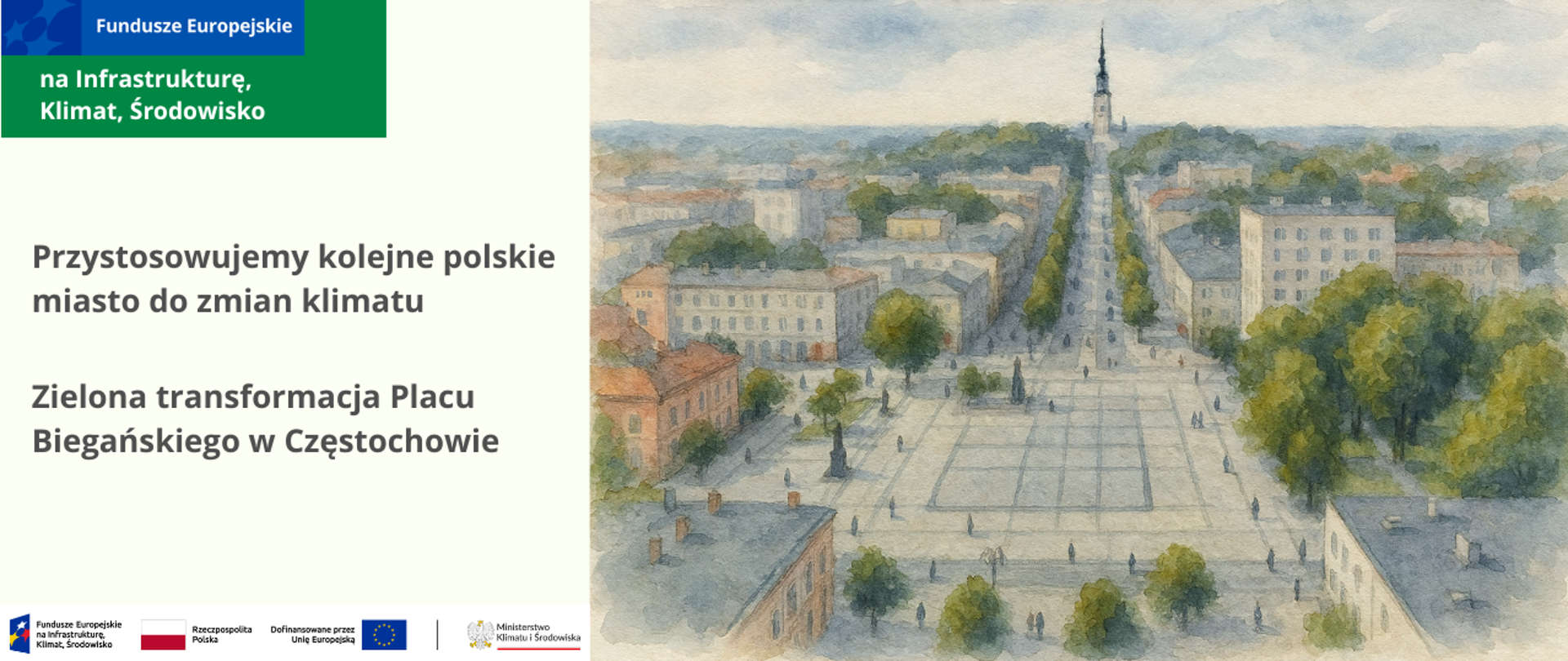 Namalowany akwarelą pejzaż, widok z góry Placu Biegańskiego w Częstochowie