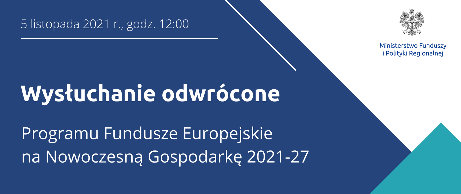 Na grafice napis: Wysłuchanie odwrócone Programu Fundusze Europejskie na Nowoczesną Gospodarkę 5 listopada, godz. 12.00. Po prawej logotyp MFiPR.
