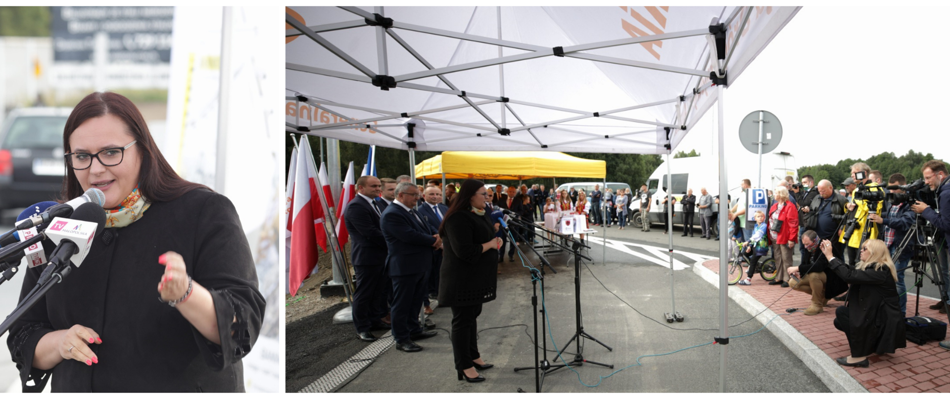 Dwa zdjęcia minister Jarosińskiej-Jedynak, minster mówi do mikrofonu, przed nią stoją dziennikarze i kamery, obok uczestnicy spotkania, za minister stoi flaga Polski i Unii Europejskiej 