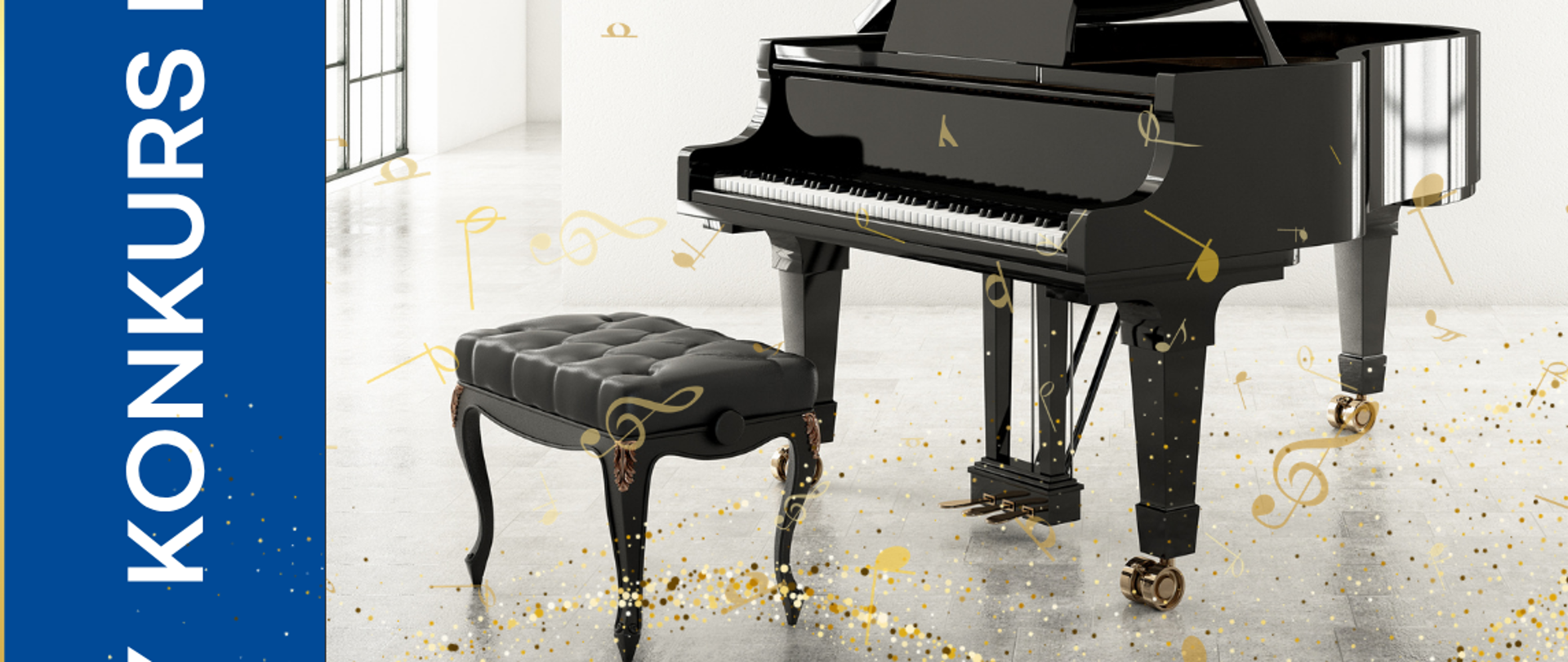 Plakat czarne tło centralnie zdjęcie czarnego fortepianu ze stołkiem otwarta klapa Górna oraz pulpit na nuty z lewej strony granatowy pionowy pasek z napisem 15 szkolny koncert konkurs fortepianów powyżej logo szkoły według ustalonego znaku napisy państwa szkoła muzyczna pierwszego drugiego stopnia imienia Witolda Lutosławskiego w Nysie 10 kwietnia 2026 sala koncertowa im Jerzego Kozarzewskiego wokół plakatu ramka składająca się z trzech złotych ciemno złotych pasków
