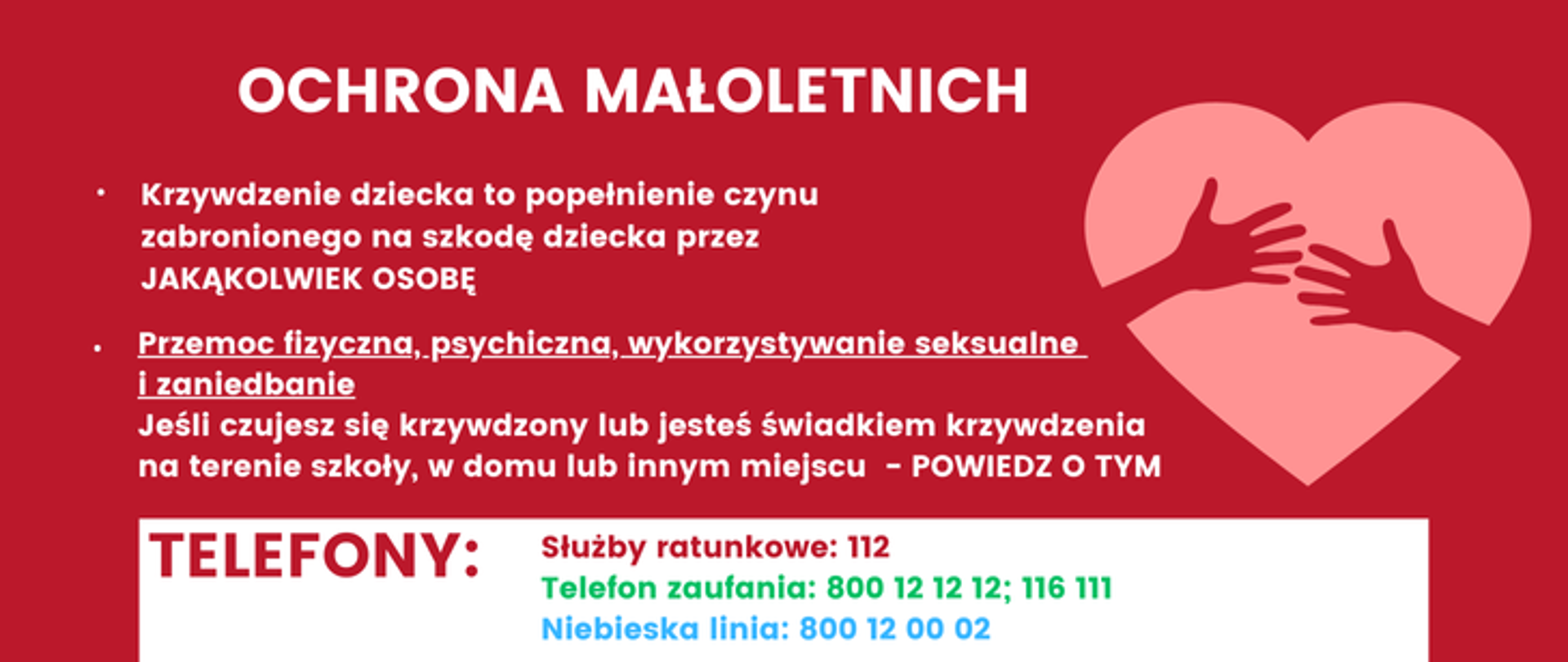 Na czerwonym tle , białe napisy: krzywdzenie dziecka to popełnienie czynu zabronionego na szkodę dziecka przez JAKĄKOLWIEK OSOBĘ, Przemoc fizyczna, psychiczna, wykorzystywanie seksualne i zaniedbanie. Jeśli czujesz się krzywdzony lub jesteś świadkiem krzywdzenia na terenie szkoły, w domu lub innym miejscu - POWIEDZ O TYM. Poniżej w białej ramce czerwony napis: TELEFONY: Służby ratunkowe: 112, zielony napis: Telefon zaufania: 800 12 12 12; 116 111. Niebieski napis: Niebieska linia: 800 12 00 02