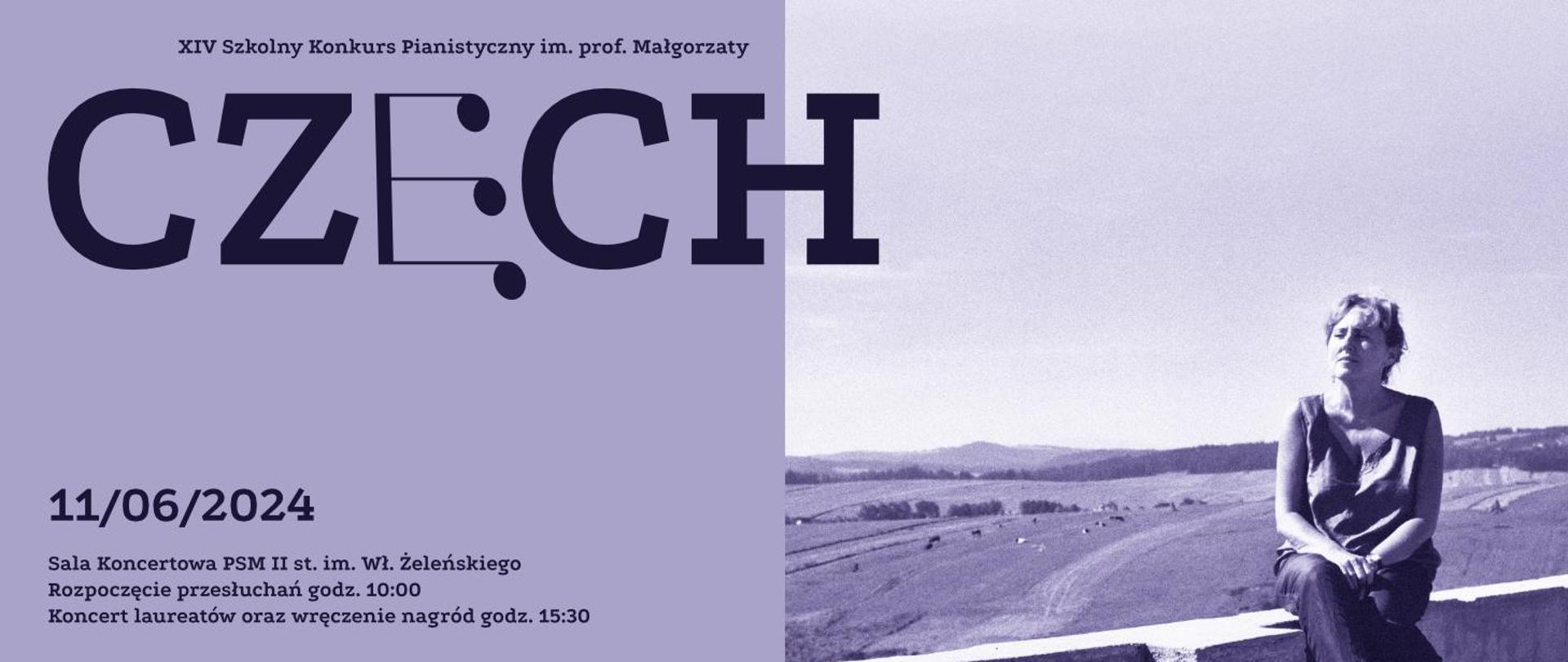 XIV Szkolny Konkurs Pianistyczny im. prof.Małgorzaty Czech 11.06.2024 godz.10.00 plakat fioletowy ze zdjęciem Małgorzaty Czech