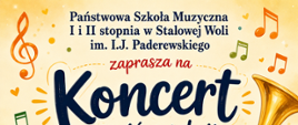 Kolorowy plakat koncertu szkolnego z ilustracjami dzieci grających na saksofonie, perkusji i akordeonie. U góry napis: „Państwowa Szkoła Muzyczna I i II stopnia w Stalowej Woli im. I.J. Paderewskiego zaprasza na koncert uczniów sekcji instrumentów dętych, akordeonu i perkusji”. Na dole podano datę wydarzenia: 22 maja 2026 r., godzina 17:30. Całość ozdobiona nutami i motywami muzycznymi.