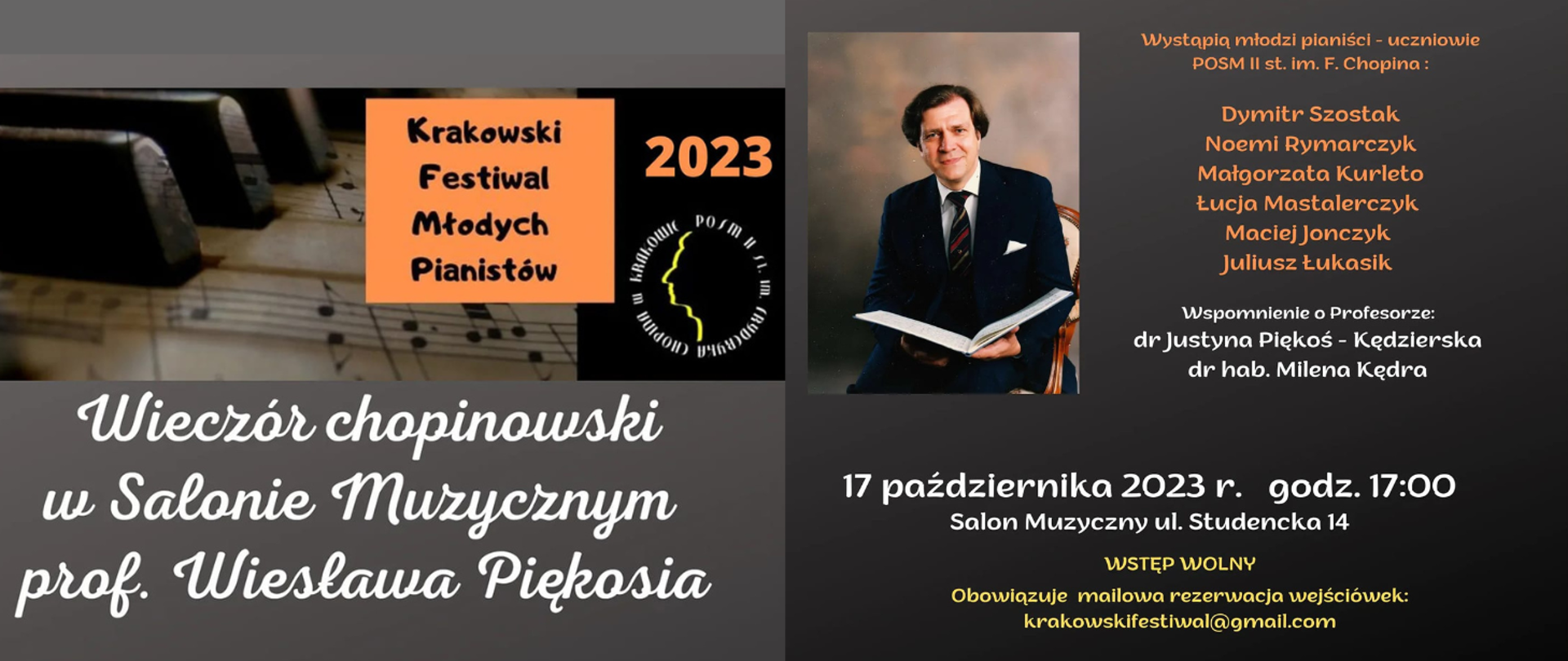 Plakat koncertu; po lewej stronie grafika, logo szkoły oraz logo Krakowskiego Festiwalu Młodych Pianistów; po prawej zdjęcie profesora, lista wykonawców i prelegentów oraz informacja o miejscu i czasie wydarzenia