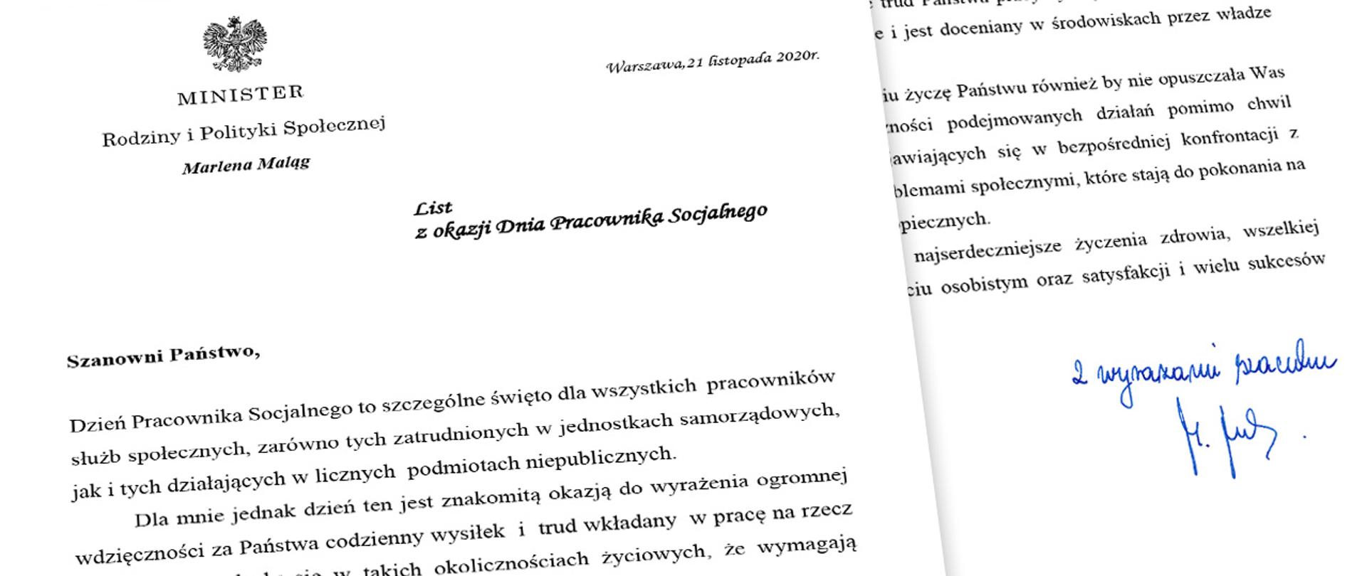 List minister Marleny Maląg do rpacowników socjalnych