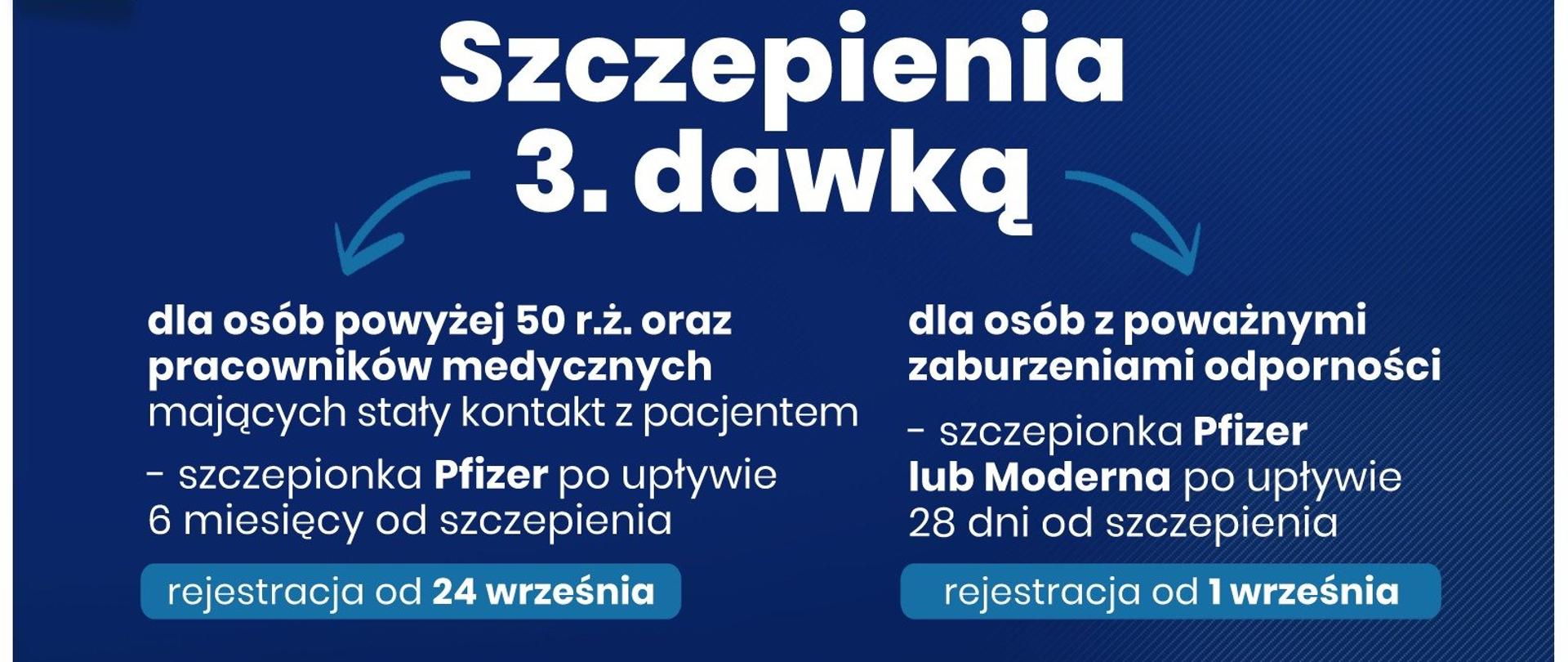 Grafika Kancelarii Prezesa Rady Ministrów przedstawiająca wytyczne dla grup mogących zaszczepić się 3 dawką szczepionki przeciwko COVID-19