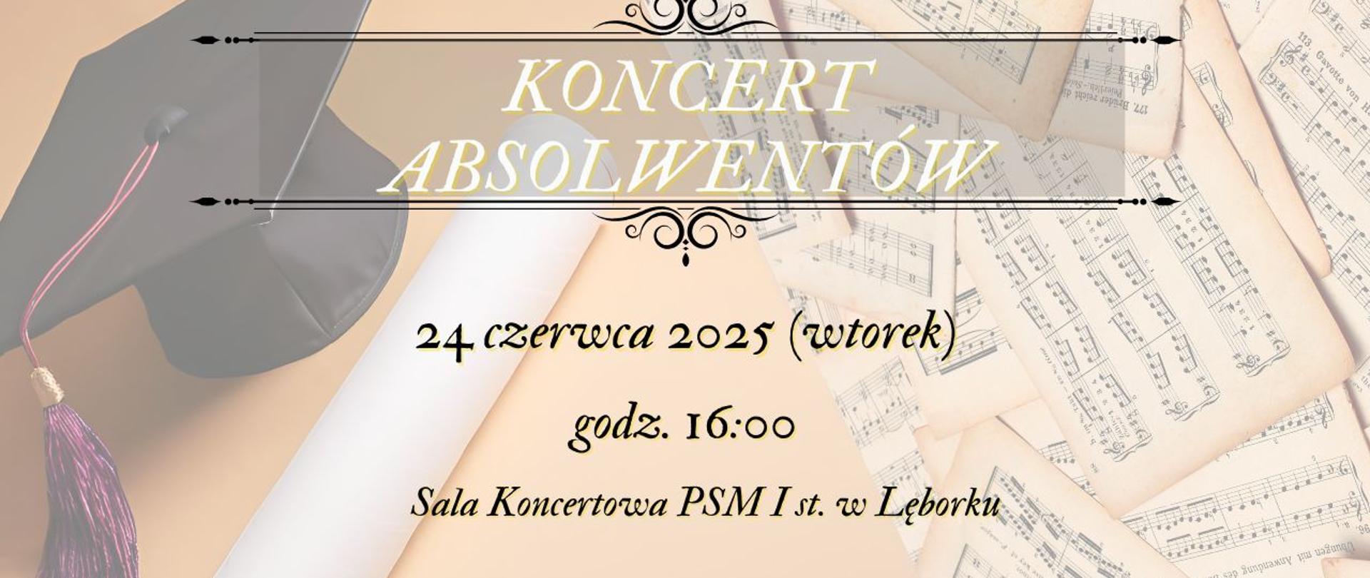 Plakat koncertu absolwentów. Na tle kartek z nutami znajdują się informacje o miejscu i terminie koncertu.