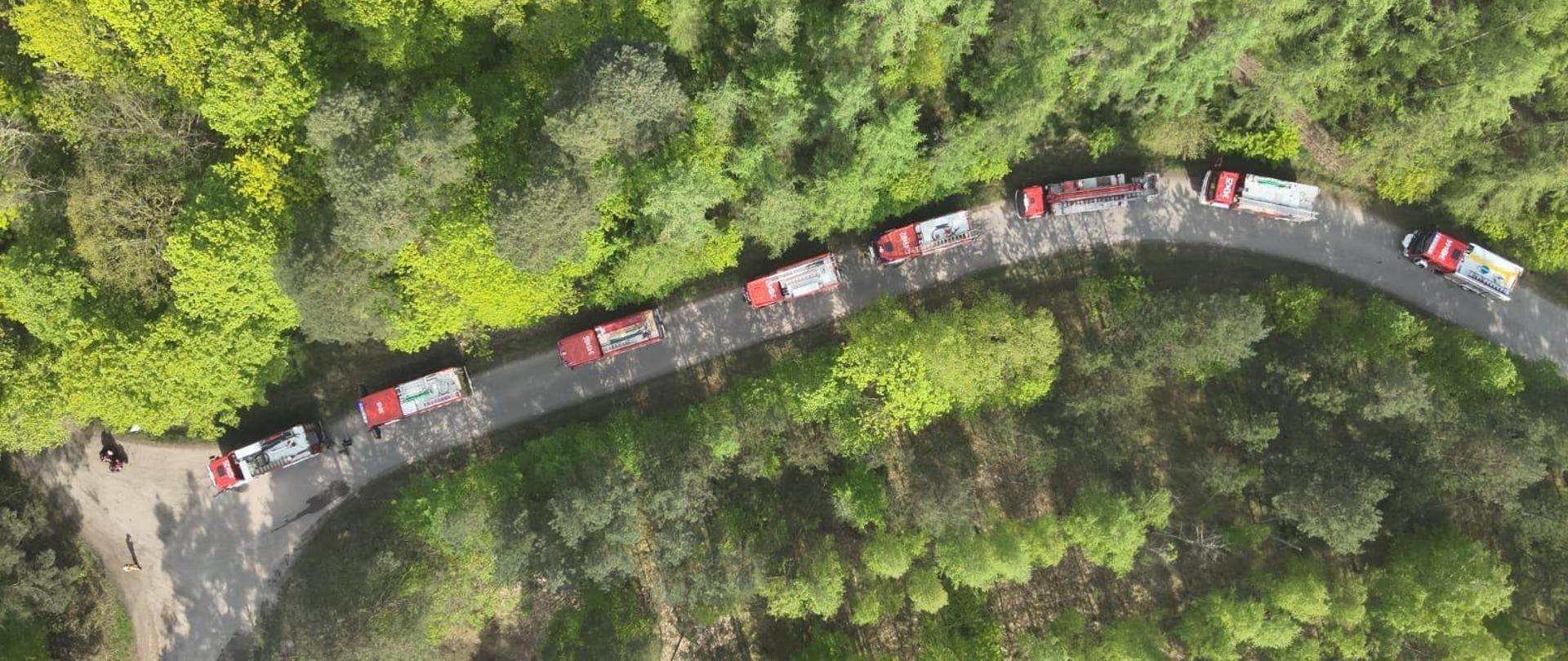 Zdjęcie wykonane z drona. Widok na przybyłe do punktu przyjęcia sił i środków samochody ratowniczo-gaśnicze na tle lasu.
