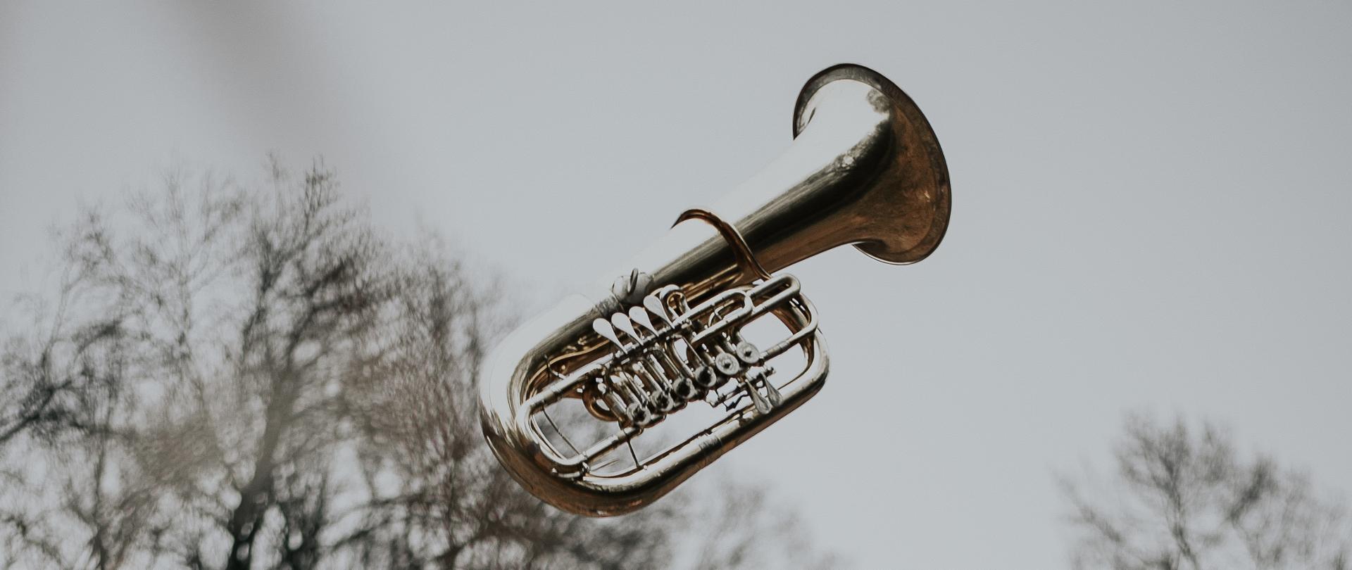Fotografia przedstawia młodego mężczyznę w białej koszuli, czarnych spodniach i kamizelce oraz brązowej marynarce stojącego na łące, który podrzuca tubę