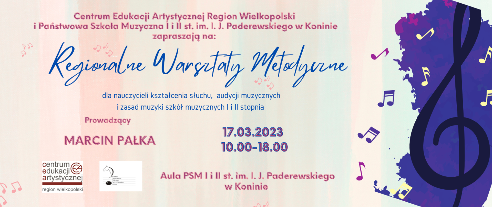 Plakat warsztatów na kremowym tle logo PSM w Koninie i CEA Region Wielkopolski, po prawej czarny klucz wiolinowy na fioletowym tle.