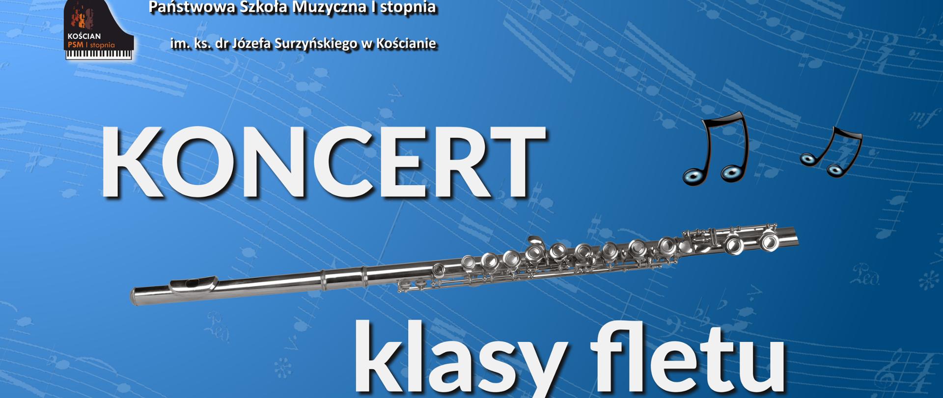 Koncert klasy fletu - plakat na błękitnym tle z pięciolinią w tle i fletem na środku