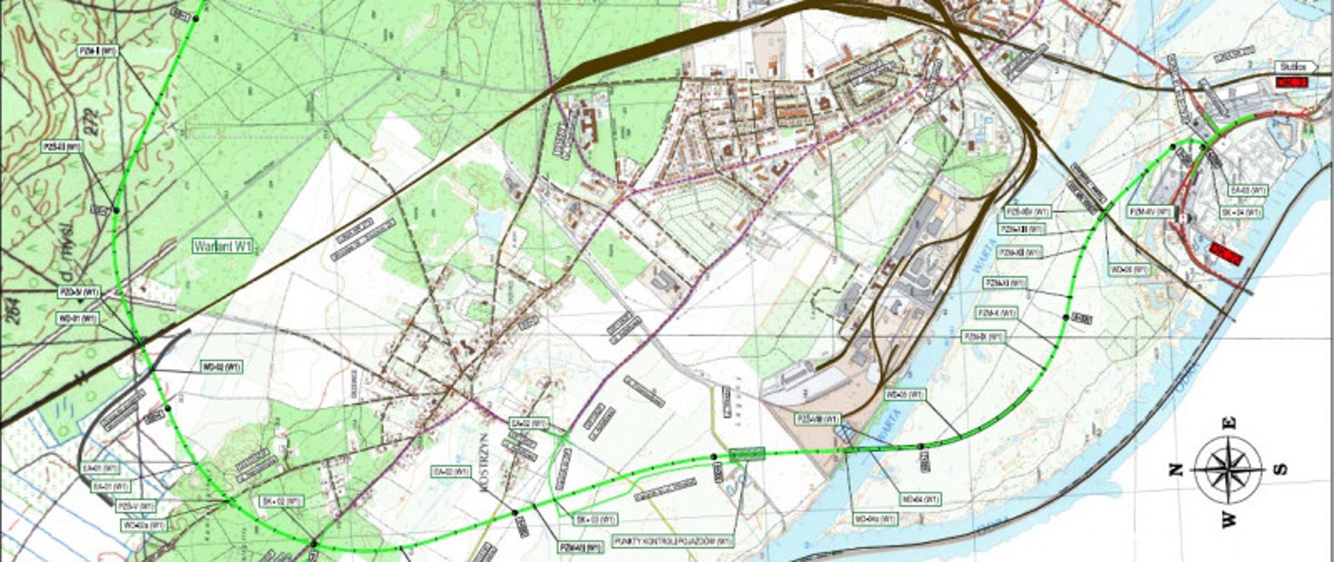 Plan orientacyjny z planowanym przebiegiem obwodnicy Kostrzyna nad Odrą, wariant poprowadzony po stronie zachodniej miasta.