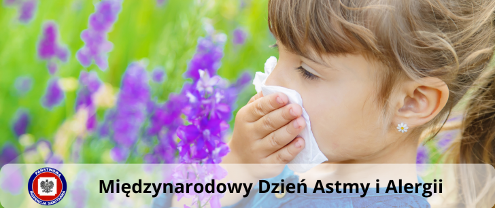 Dziecko z chusteczką przy twarzy na tle kwietnej łąki. Na dole zdjęcia napis Międzynarodowy Dzień Astmy i Alergii