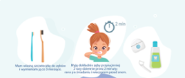 grafika przedstawia najważniejsze sposoby i działania, które pozwalają zachować zdrowy i czysty uśmiech m.in.: regularne kontrole u dentysty, mycie zębów dwa razy dziennie, niepodjadanie przed snem, ograniczenie spożycia słodyczy i picia napojów 