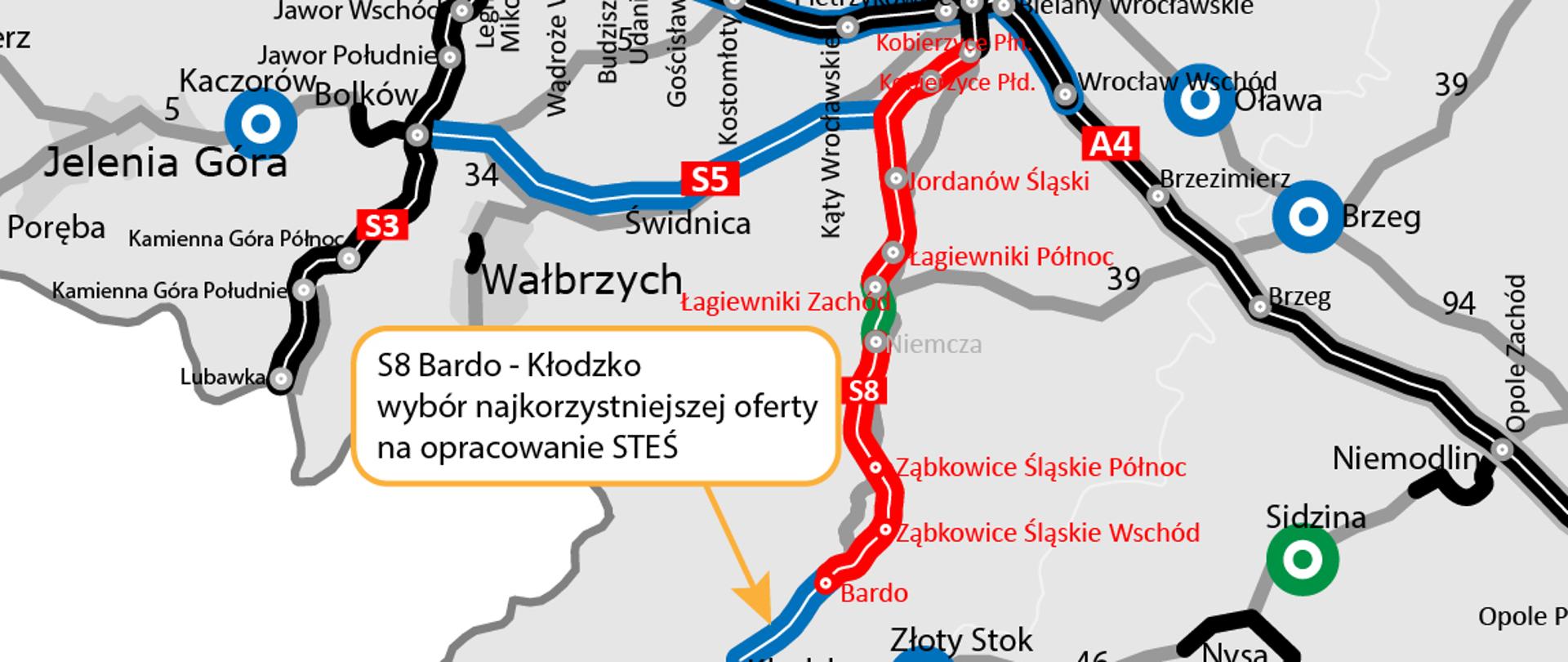 na zdjęciu jest mapa województwa dolnośląskiego z zaznaczoną strzałką która dotyczy S8 odcinek Bardo Kłodzko