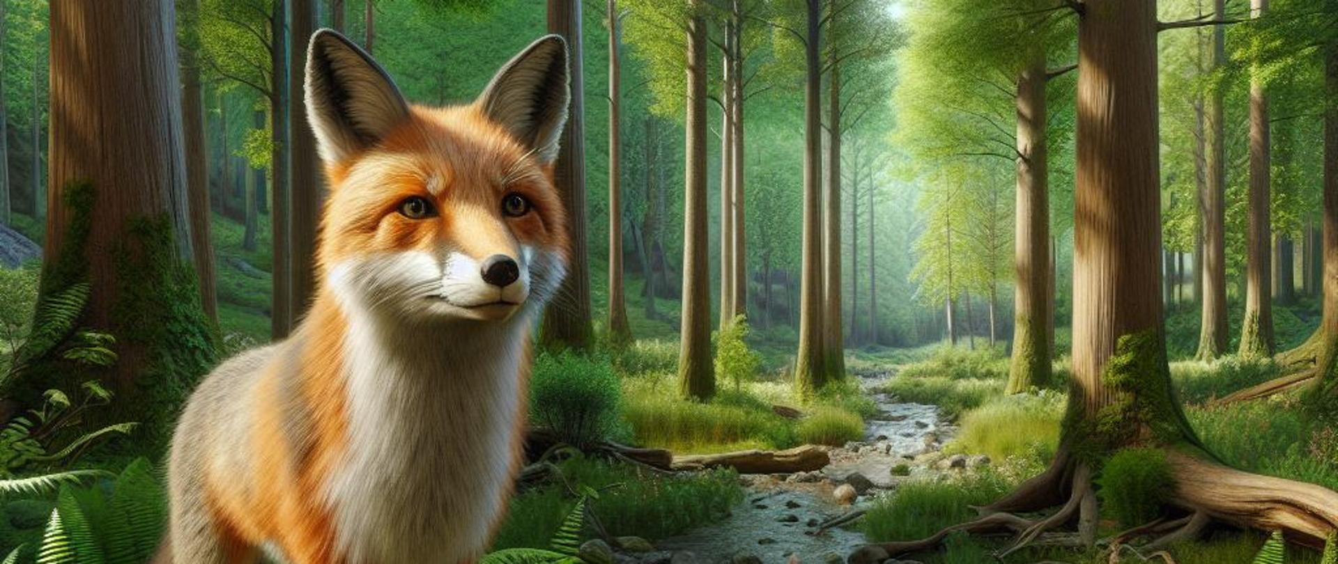 Grafika stworzona przez Copilot przedstawiająca lisa na tle lasu.