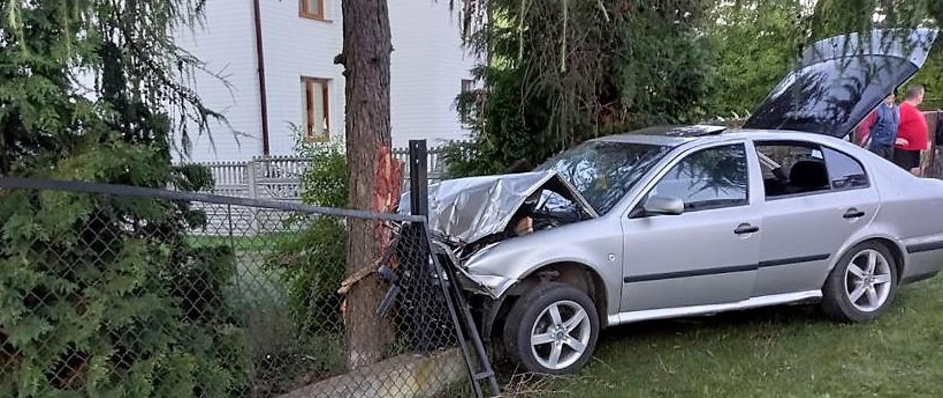 Zdjęcie przedstawia samochód osobowy, który uderzył w odrodzenie z paneli siatkowych mocowanych na stalowych słupkach. 