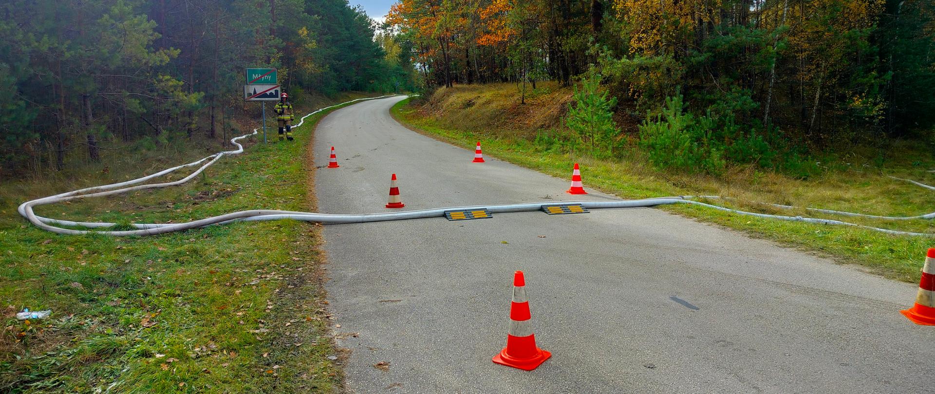 Na drodze rozłożone pachołki przez które są rozwinięte linie wężowe, po prawej i po lewej stronie drzewa 