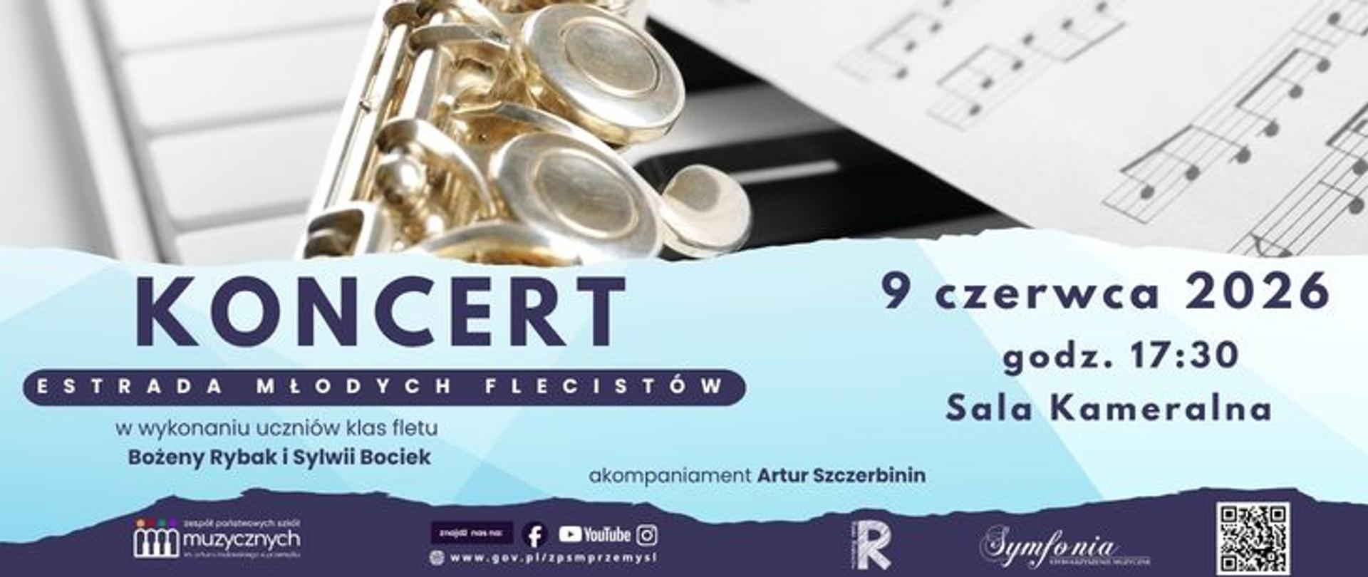 Plakat zaprasza na wydarzenie muzyczne zatytułowane „KONCERT – ESTRADA MŁODYCH FLECISTÓW”. W tle górnej części grafiki widoczny jest fragment błyszczącego, złotego lub mosiężnego fletu poprzecznego ułożonego na klawiaturze fortepianu oraz nuty.
Główna część plakatu ma jasnoniebieskie tło z motywem przypominającym wydartą kartkę papieru. Po lewej stronie umieszczono informację, że koncert odbędzie się w wykonaniu uczniów klas fletu Bożeny Rybak i Sylwii Bociek, a akompaniować im będzie Artur Szczerbinin. Po prawej stronie widnieje data i miejsce wydarzenia: 9 czerwca 2026 roku o godzinie 17:30 w Sali Kameralnej.