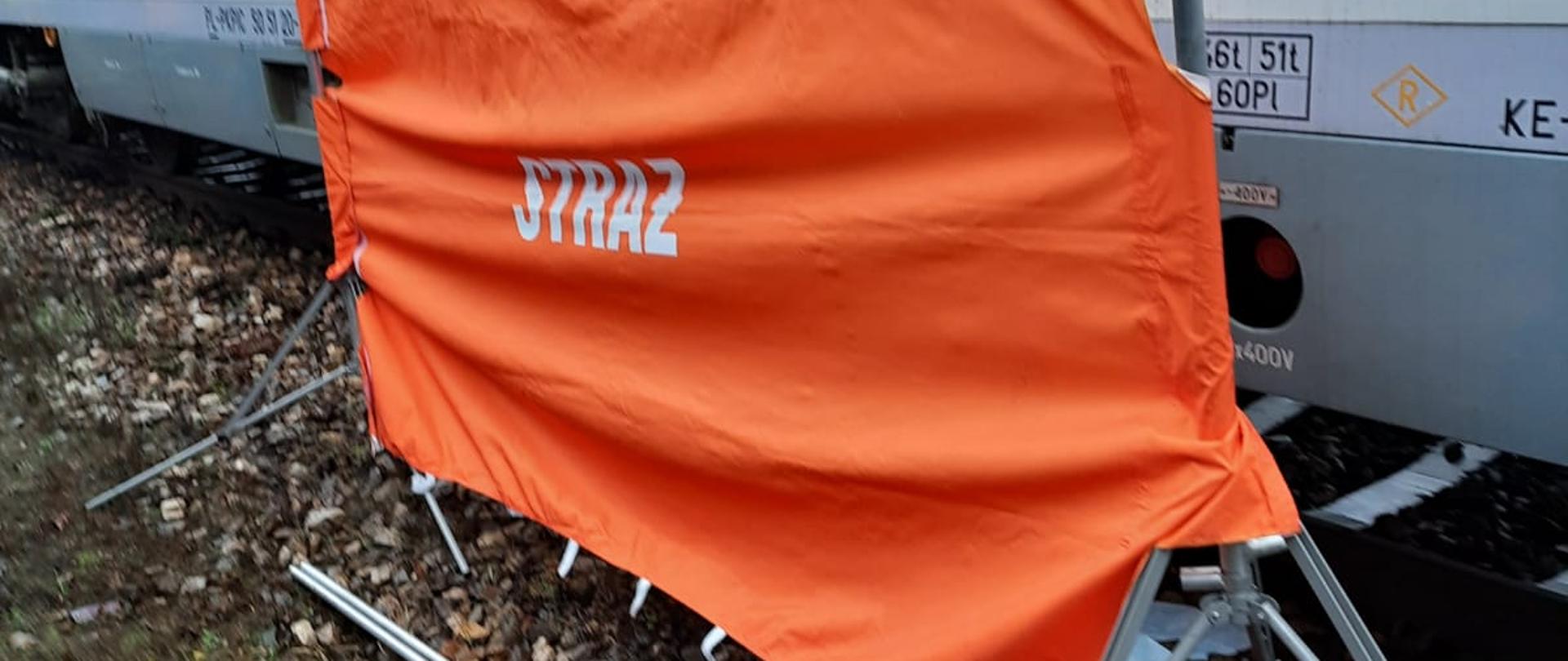 Na zdjęciu widać parawan z napisem straż zasłaniający ciało zmarłego mężczyzny po potrąceniu przez pociąg pospieszny. Wagon pociągu stoi na torowisku w łąkach.