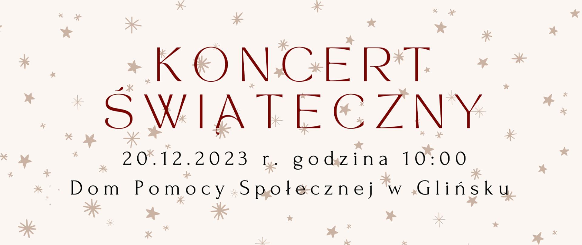 Baner zapowiadający występ w Glińsku, na beżowym tle pis koncert świąteczny oraz data i miejsce wydarzenia.