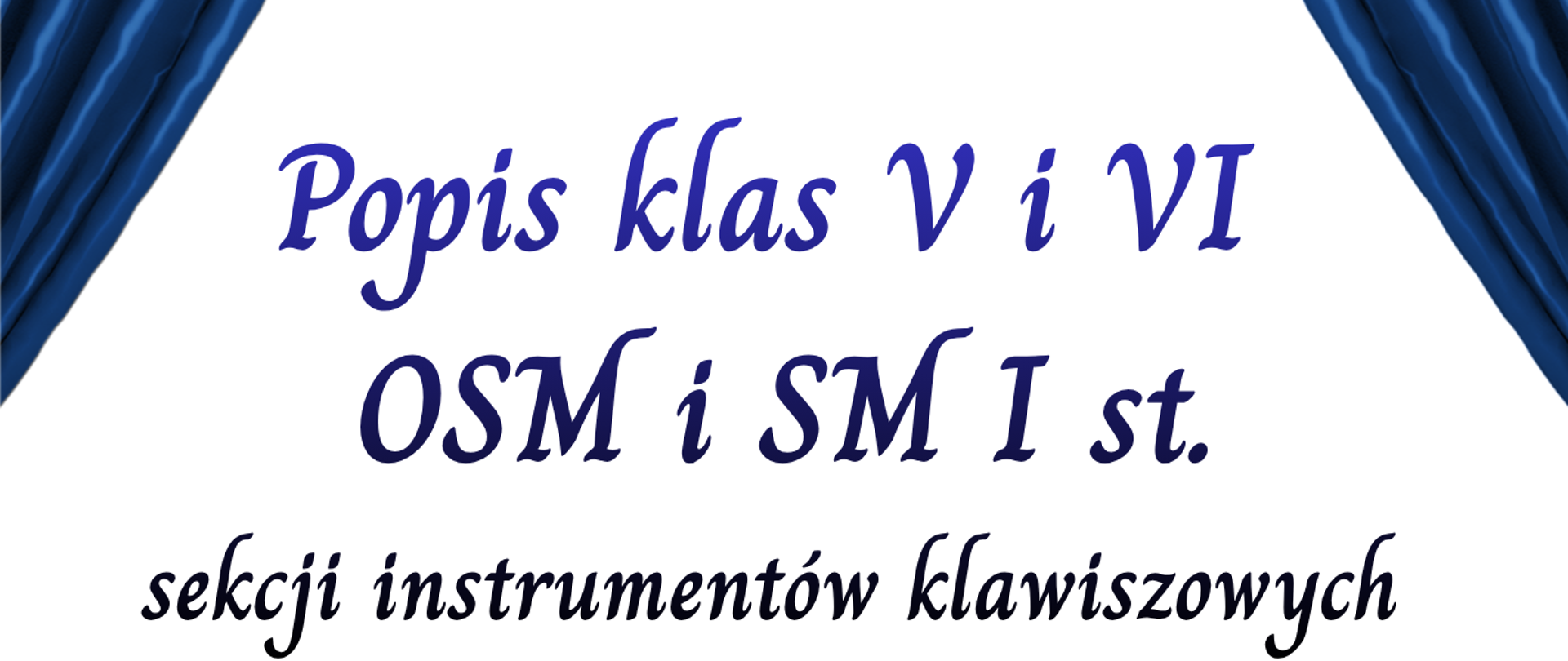 plakat promujący popis uczniów, tym razem klas V i VI sekcji instrumentów klawiszowych Zespołu Szkół Muzycznych w Wałbrzychu z okazji 80-lecia. Góra plakatu jest ujęta w granatowe kurtyny teatralne. Tekst zaprasza na wydarzenie odbywające się 14 kwietnia 2026 r. o godz. 16:30 w auli szkoły na ul. Piętnastolecia 24. W dolnej części widać dwoje uśmiechniętych dzieci stojących obok otwartego fortepianu koncertowego, z którego unoszą się złote nuty. Widoczna jest również stylizowana pięciolinia z nutami.