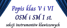 plakat promujący popis uczniów, tym razem klas V i VI sekcji instrumentów klawiszowych Zespołu Szkół Muzycznych w Wałbrzychu z okazji 80-lecia. Góra plakatu jest ujęta w granatowe kurtyny teatralne. Tekst zaprasza na wydarzenie odbywające się 14 kwietnia 2026 r. o godz. 16:30 w auli szkoły na ul. Piętnastolecia 24. W dolnej części widać dwoje uśmiechniętych dzieci stojących obok otwartego fortepianu koncertowego, z którego unoszą się złote nuty. Widoczna jest również stylizowana pięciolinia z nutami.