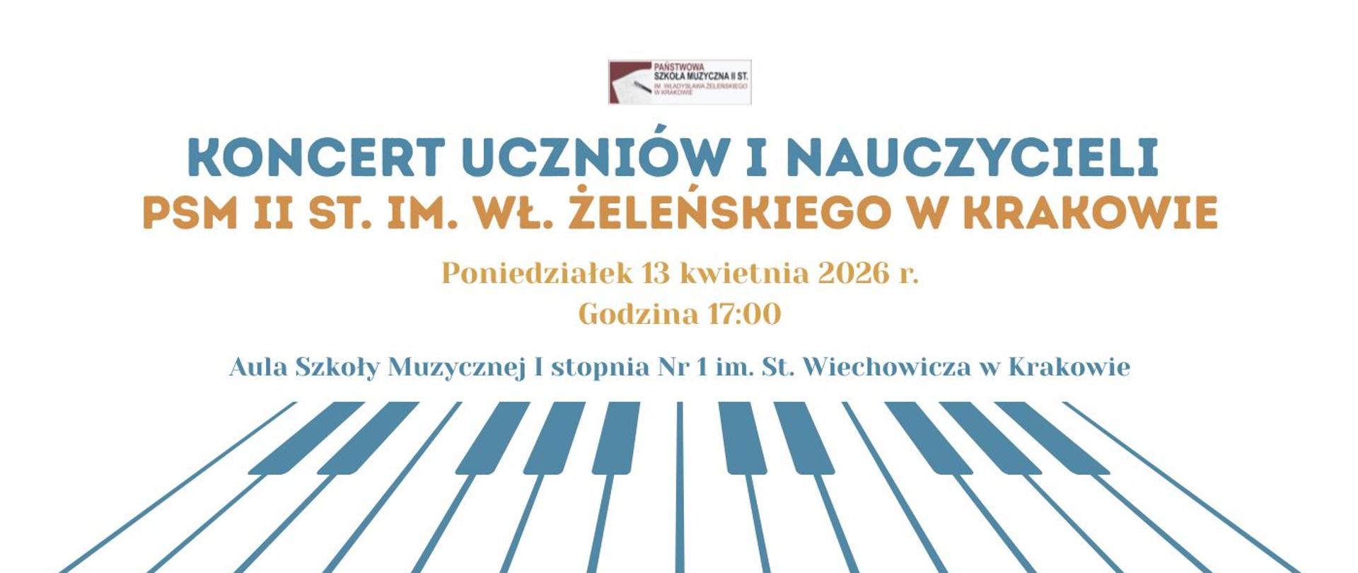 na białym tle na górze żółto-niebieskie napisy, a na dole obrazek z klawiaturą fortepianu