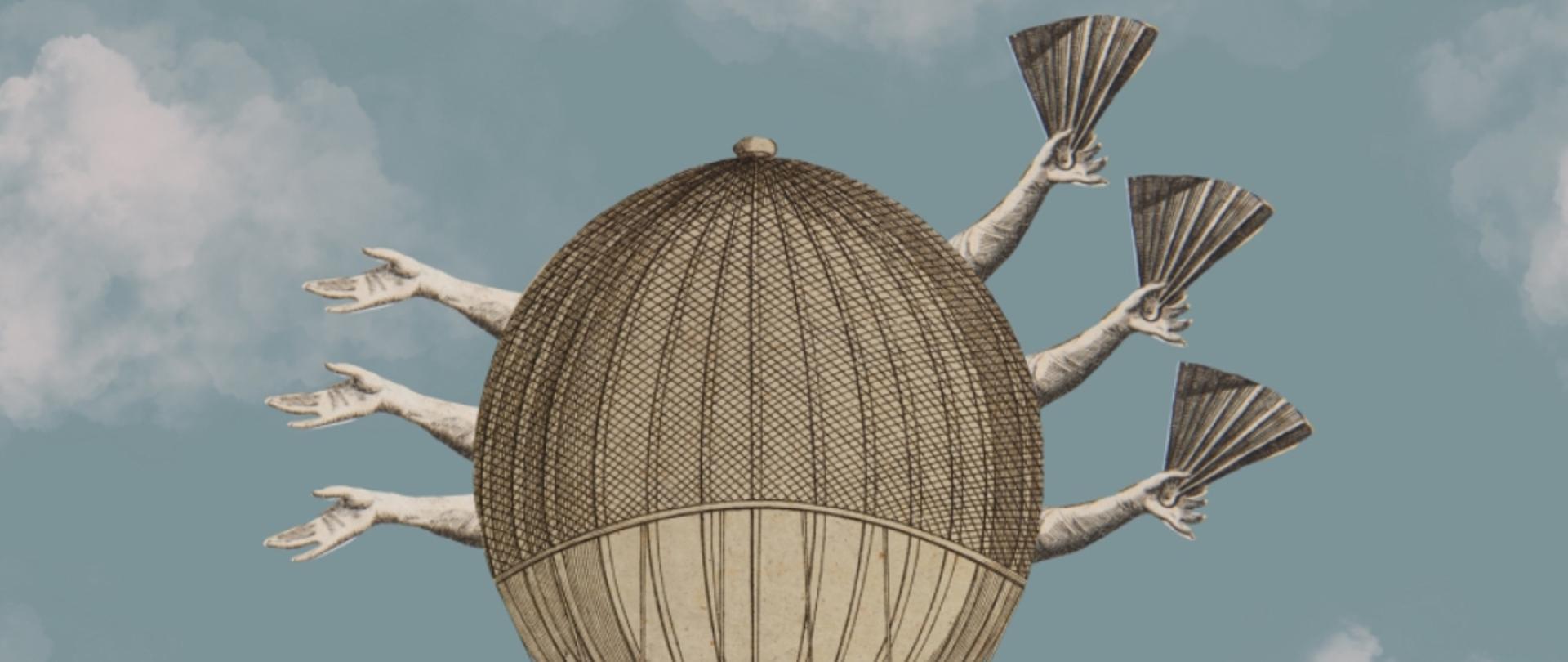 Na tle błękitnego nieba kula, zza której wystają trzy pary rąk od łokcia. Lewe z otwartymi dłońmi, prawe trzymają wachlarze,