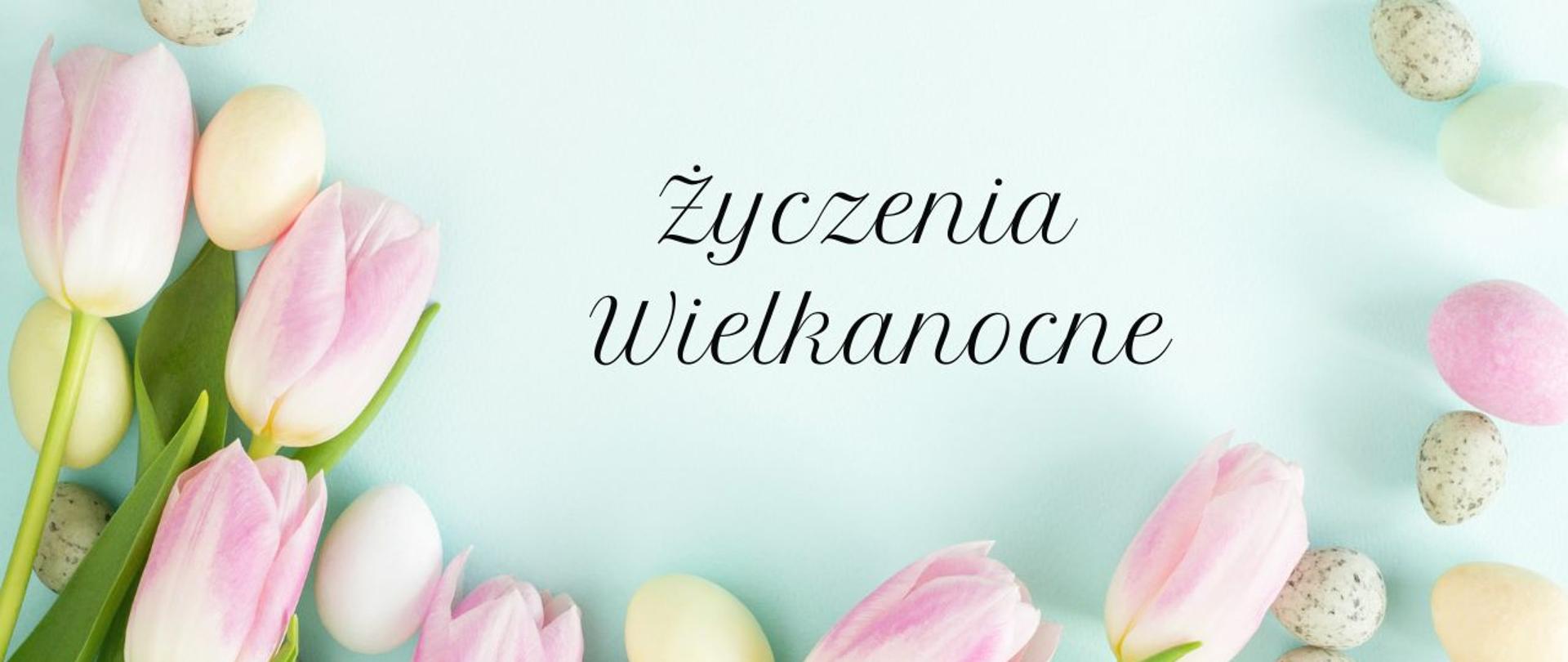 Tulipany i jajka na niebieskim tle