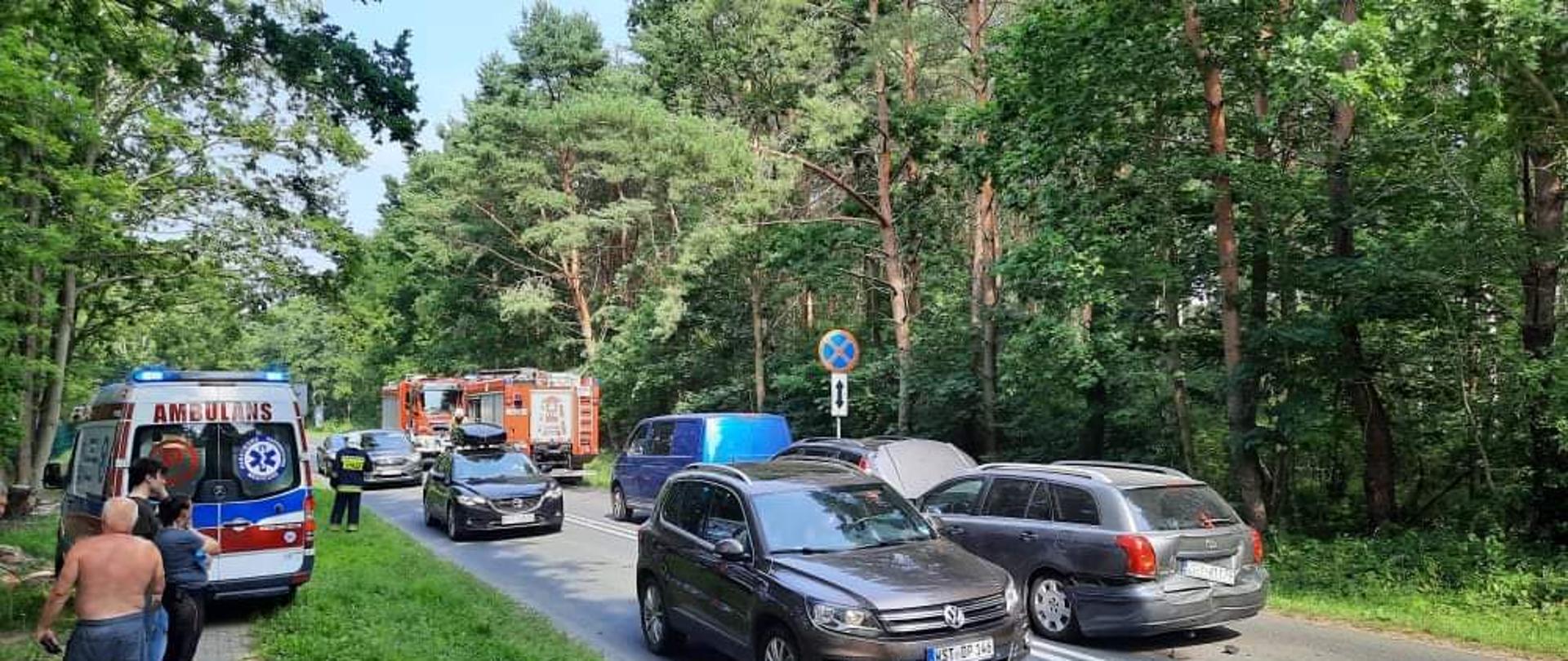 Zdjęcie przedstawia pojazdy na drodze, straż pożarną oraz pogotowie.Droga przebiega przez las.